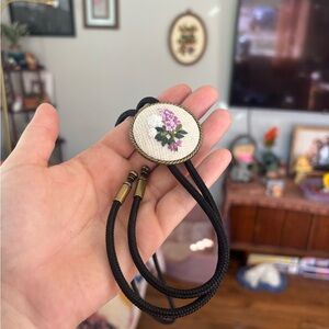 Vintage-Inspired Floral Bolo Tie in Black with Pink Embroidery